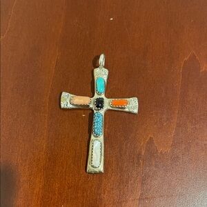 Native American Sterling Silver Multi-Stone Cross Pendant - 2 1/8” long